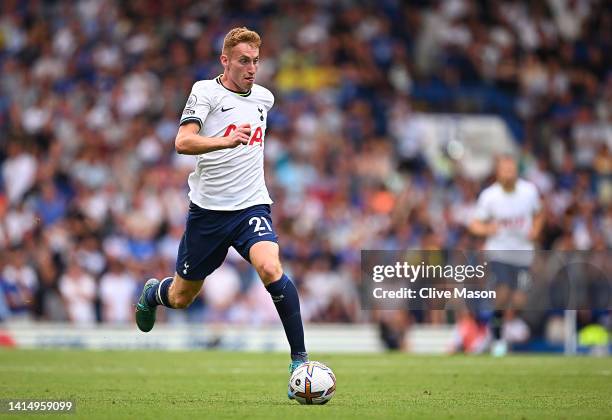 Dejan Kulusevski of Tottenham Hotspur in action during the Premier League match between Chelsea FC and Tottenham Hotspur at Stamford Bridge on August...