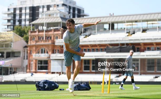 James Anderson of England bowlsduring a nets session at Lords Cricket Ground on August 15, 2022 in London, England.