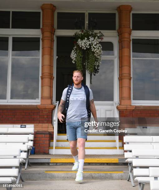 England captain Ben Stokes walks from the pavilion as he arrives for a nets session at Lords Cricket Ground on August 15, 2022 in London, England.