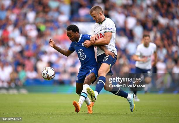 Raheem Sterling of Chelsea is tackled by Eric Dier of Tottenham Hotspur during the Premier League match between Chelsea FC and Tottenham Hotspur at...