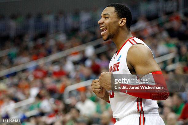 Jared Sullinger of the Ohio State Buckeyes celebrates on the bench late in the first half against the Gonzaga Bulldogs during the third round of the...