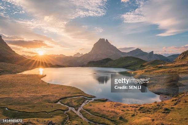 natural landscapes of the lake, forest and mountains in the french pyrenees - pyrenees stock pictures, royalty-free photos & images