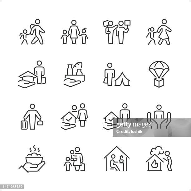 ilustraciones, imágenes clip art, dibujos animados e iconos de stock de refugiado - conjunto de iconos de línea pixel perfect, peso de trazo editable. - paracaídas