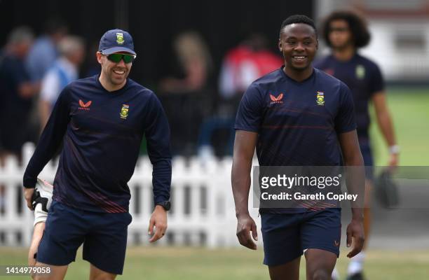 Anrich Nortje and Kagiso Rabada of South Africa during a nets session at Lords Cricket Ground on August 15, 2022 in London, England.