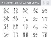 Repair tools line icons. Vector illustration include icon - hammer, ring spanner, fasteners, nail, screwdriver, wrench outline pictogram for construction toolkit. 64x64 Pixel Perfect, Editable Stroke