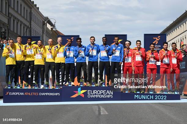 Silver medalists Simon Boch, Johannes Motschmann, Amanal Petros, Hendrik Pfeiffer, Konstantin Wedel and Richard Ringer of Germany, Gold medalists...