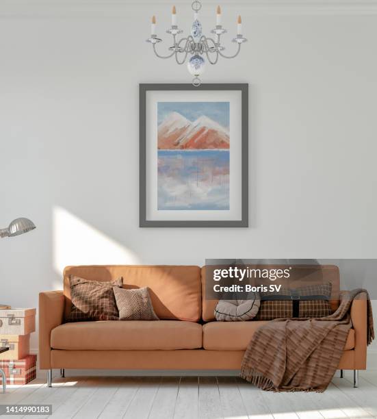 living room with painting - office sofa stock-fotos und bilder