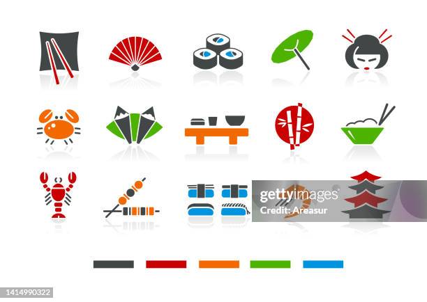 stockillustraties, clipart, cartoons en iconen met japanese culture and food icons - color series - wok