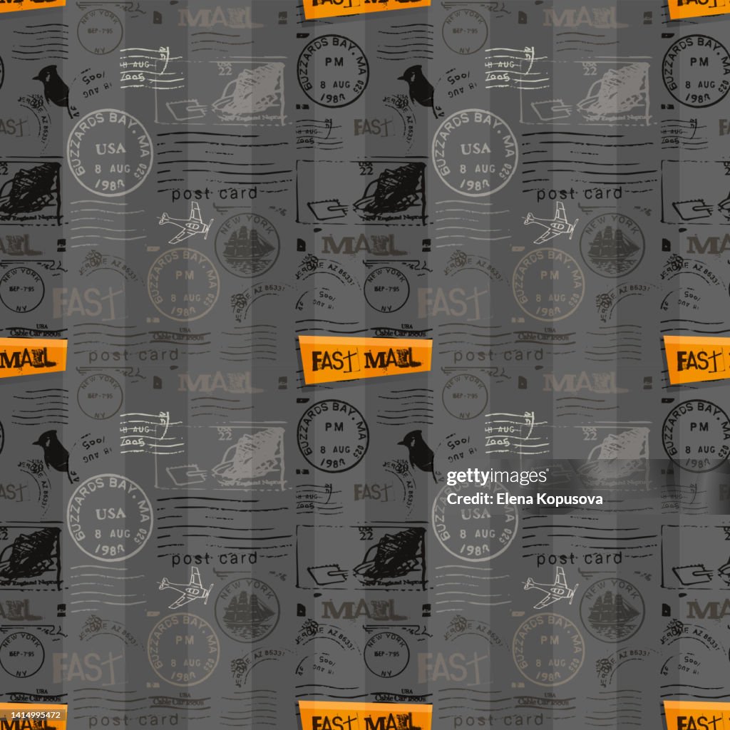 Seamless creative fast mail background in retro style. Colored abstract striped background from postage stamps. Stylish illustration for online order, web page, app design.