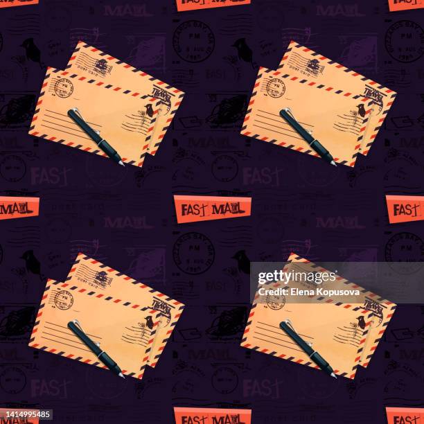 seamless creative fast mail background in retro style. postal envelopes with a ballpoint pen on a colored background of postage stamps. stylish illustration for online order, web page, app design. - demand response stock illustrations