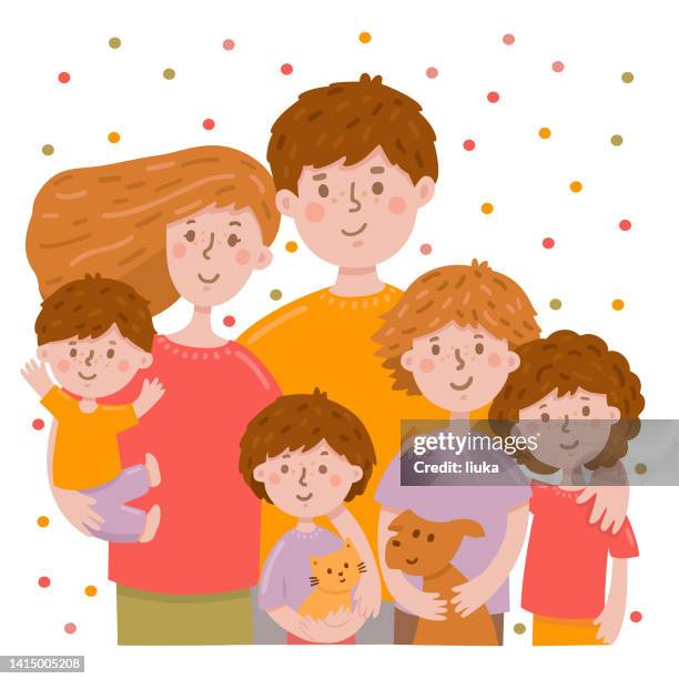 ilustraciones, imágenes clip art, dibujos animados e iconos de stock de gran familia feliz - kid and little sister cartoon