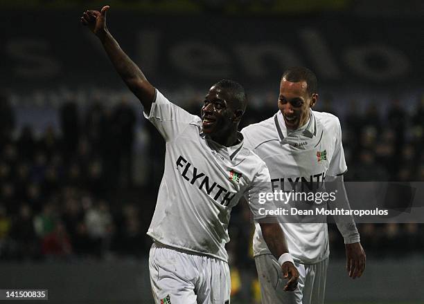 Leroy George of NEC celebrates scoring the first goal of the game with Ryan Koolwijk during the Eredivisie match between VVV Venlo and NEC Nijmegen...