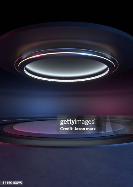 circular metal technology exhibition platform - science exhibition stock pictures, royalty-free photos & images