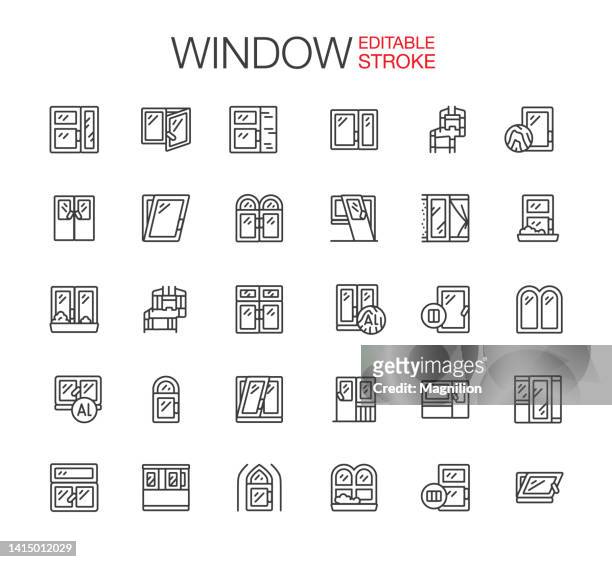 windows icons set,  window frames and materials editable stroke - horizontal blinds stock illustrations
