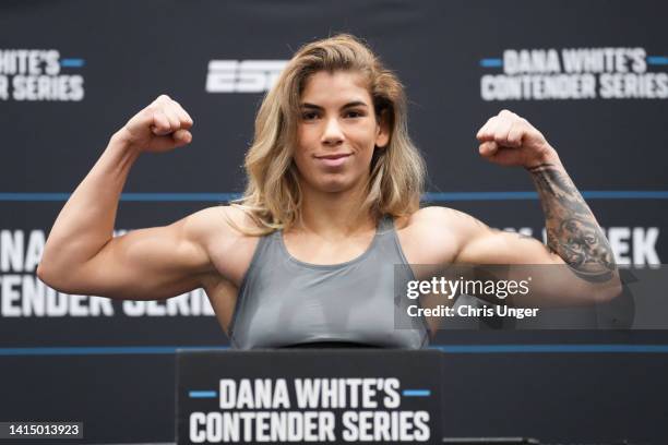 Claudia Leite of Brazil poses on the scale during Dana White's Contender Series season six, week three weigh-in at Palace Station on August 15, 2022...