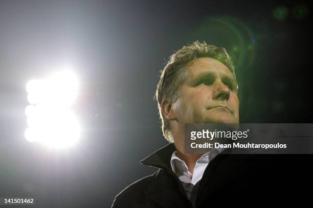 Venlo Manager / Coach Ton Lokhoff looks on prior to the Eredivisie match between VVV Venlo and NEC Nijmegen at Seacon Stadium De Koel on March 17,...