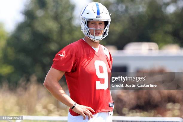 Nick Foles of the Indianapolis Colts on the field during training camp at Grand Park Sports Campus on August 11, 2022 in Westfield, Indiana.