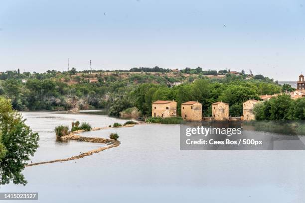 scenic view of river by buildings against clear sky - rivier bos stock pictures, royalty-free photos & images