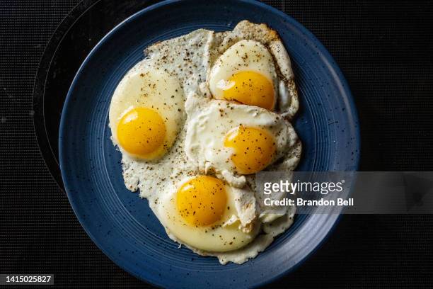 In this photo illustration, four fried eggs are seen on a plate on August 15, 2022 in Houston, Texas. Egg prices steadily climb in the U.S. As...