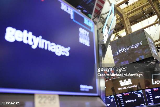 The Getty Images signage is seen on the floor of the New York Stock Exchange on August 15, 2022 in New York City. Getty Images made a return to the...