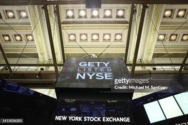 The Getty Images signage is seen on the floor of the New York Stock Exchange on August 15, 2022 in New York City. Getty Images made a return to the...