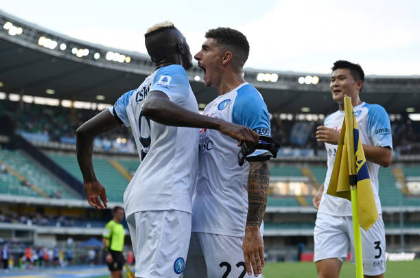Victor Osimhen of Napoli celebrates with Giovanni Di Lorenzo after scoring their team's second goal during the Serie A match between Hellas Verona...