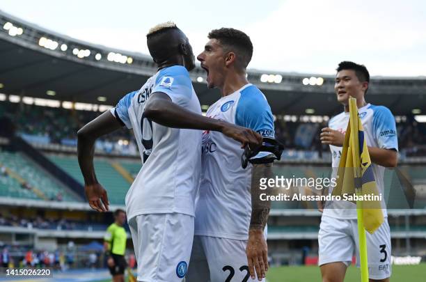 Victor Osimhen of Napoli celebrates with Giovanni Di Lorenzo after scoring their team's second goal during the Serie A match between Hellas Verona...