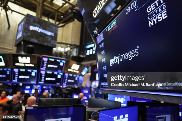 The Getty Images signage is seen on the floor of the New York Stock Exchange on August 15, 2022 in New York City. Getty Images made a return to the...