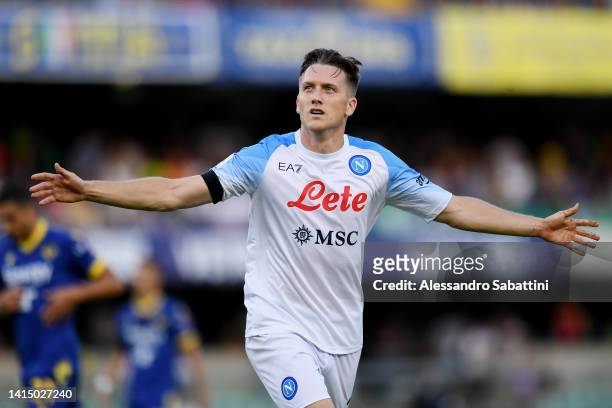 Piotr Zielinski of Napoli celebrates after scoring their team's third goal during the Serie A match between Hellas Verona and SSC Napoli at Stadio...