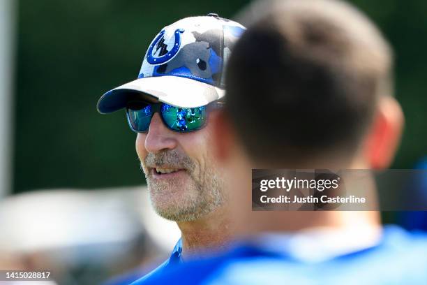 Head coach Frank Reich of the Indianapolis Colts on the field during training camp at Grand Park Sports Campus on August 11, 2022 in Westfield,...