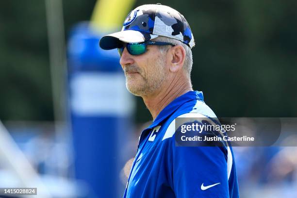 Head coach Frank Reich of the Indianapolis Colts on the field during training camp at Grand Park Sports Campus on August 11, 2022 in Westfield,...