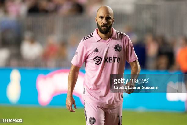 Gonzalo Higuaín of Inter Miami CF looks on against New York City FC during the second half at DRV PNK Stadium on August 13, 2022 in Fort Lauderdale,...