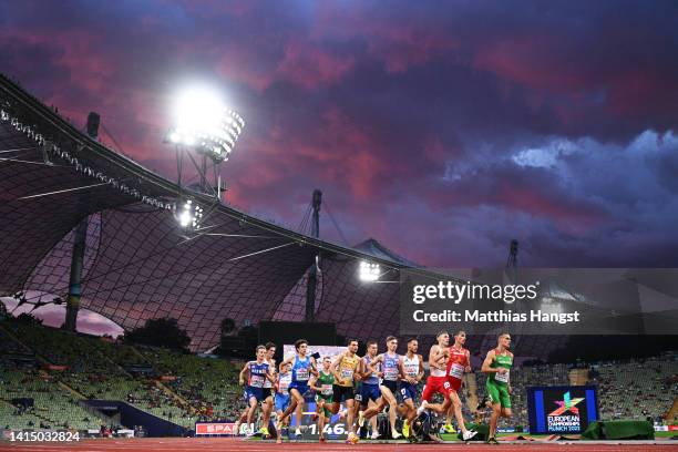 General view as athletes compete during the Athletics - Men's 1500m Round 1 - Heat 2 on day 5 of the European Championships Munich 2022 at...