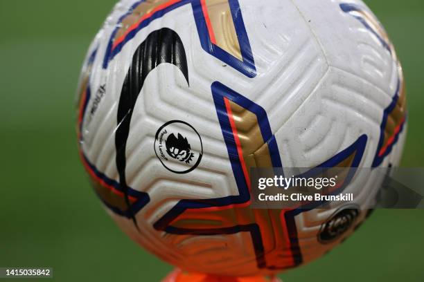 Detailed view of the match ball ahead of the Premier League match between Liverpool FC and Crystal Palace at Anfield on August 15, 2022 in Liverpool,...