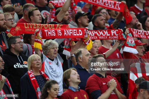 Liverpool fans are seen ahead of the Premier League match between Liverpool FC and Crystal Palace at Anfield on August 15, 2022 in Liverpool, England.