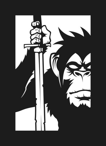 ape, gorilla, monkey silhouette with sword or katana - cut out vector mascot character - zoo art stock illustrations