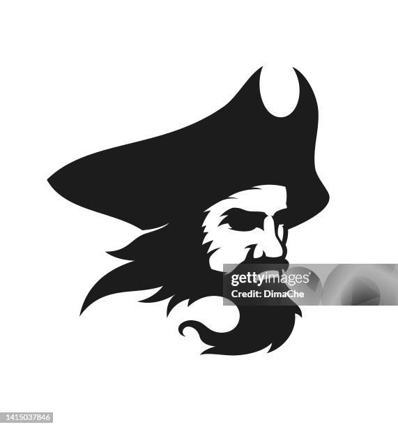 stockillustraties, clipart, cartoons en iconen met pirate head  cut out vector silhouette. pirate with mustache and beard wearing a cocked hat - driekantige hoed