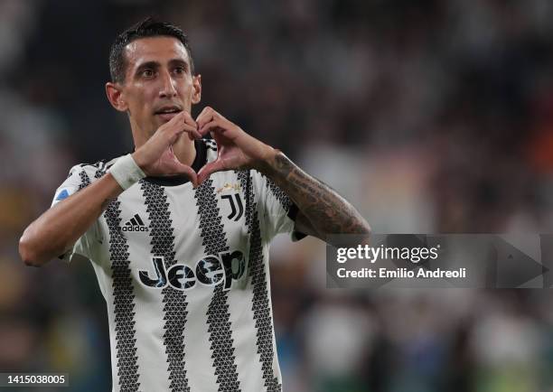 Angel Di Maria of Juventus celebrates after scoring the opening goal during the Serie A match between Juventus and US Sassuolo at Allianz Stadium on...