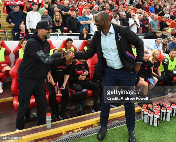 Jurgen Klopp manager of Liverpool with Crystal Palace manager Patrick Vieira during the Premier League match between Liverpool FC and Crystal Palace...
