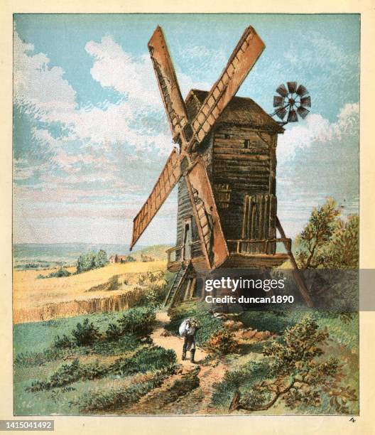 illustrations, cliparts, dessins animés et icônes de meunier portant un sac de farine de moulin à vent traditionnel, des champs de blé, de l’agriculture victorienne du 19ème siècle - structure actionnée par le vent
