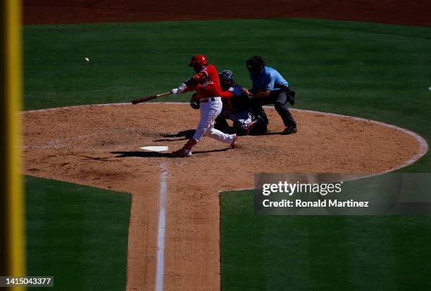Kurt Suzuki of the Los Angeles Angels in the eighth ninth inning at Angel Stadium of Anaheim on August 14, 2022 in Anaheim, California.