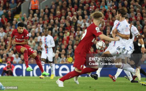 Luis Diaz of Liverpool scores their team's first goal during the Premier League match between Liverpool FC and Crystal Palace at Anfield on August...