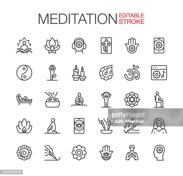 ilustraciones, imágenes clip art, dibujos animados e iconos de stock de iconos de meditación establecer trazo editable - peace