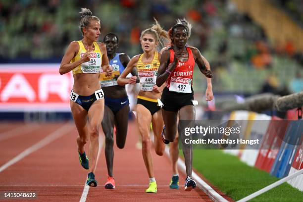 Yasemin Can of Turkey competes during the Athletics - Women's 10,000m Final on day 5 of the European Championships Munich 2022 at Olympiapark on...