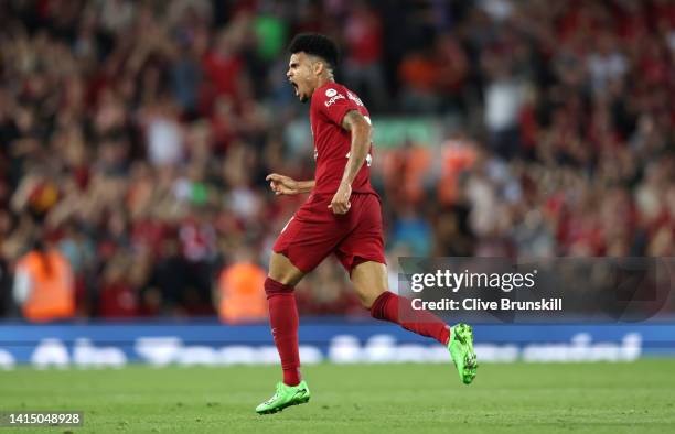 Luis Diaz of Liverpool celebrates after scoring their team's first goal during the Premier League match between Liverpool FC and Crystal Palace at...