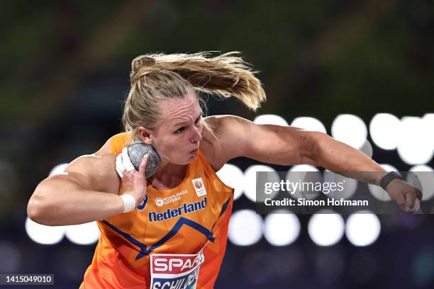 Jessica Schilder of Netherlands competes during the Athletics - Women's Shot Put Final on day 5 of the European Championships Munich 2022 at...