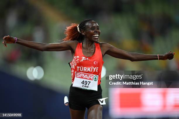 Gold medalist Yasemin Can of Turkey celebrates at the finish line during the Athletics - Women's 10,000m Final on day 5 of the European Championships...