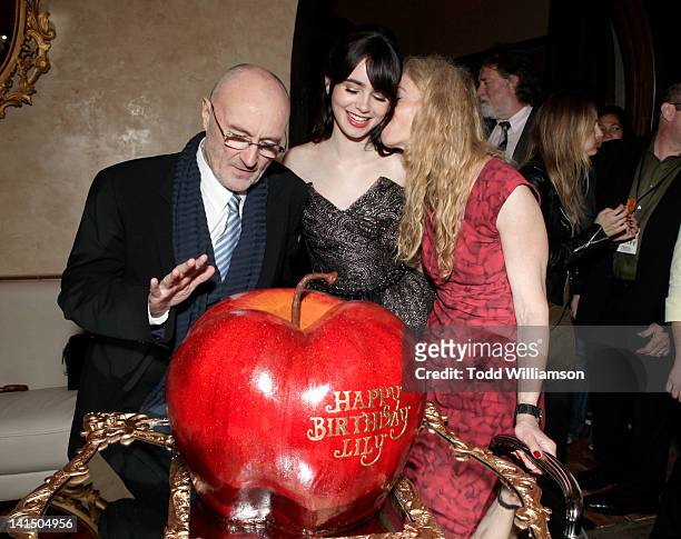 Musician Phil Collins, actress Lily Collins, and Jill Tavelman attend the after party for Relativity Media's "Mirror Mirror" Los Angeles premiere at...
