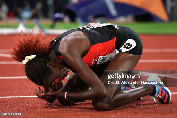 Gold medalist Yasemin Can of Turkey celebrates after the Athletics - Women's 10,000m Final on day 5 of the European Championships Munich 2022 at...