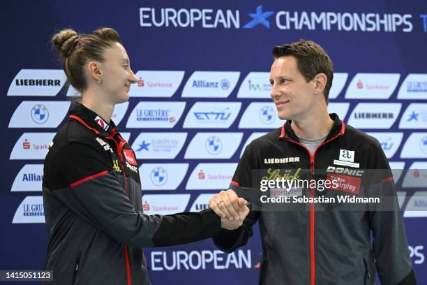 Robert Gardos and Sofia Polcanova of Austria celebrate their bronze medals during the Table Tennis Mixed Doubles Medal Ceremony on day 5 of the...